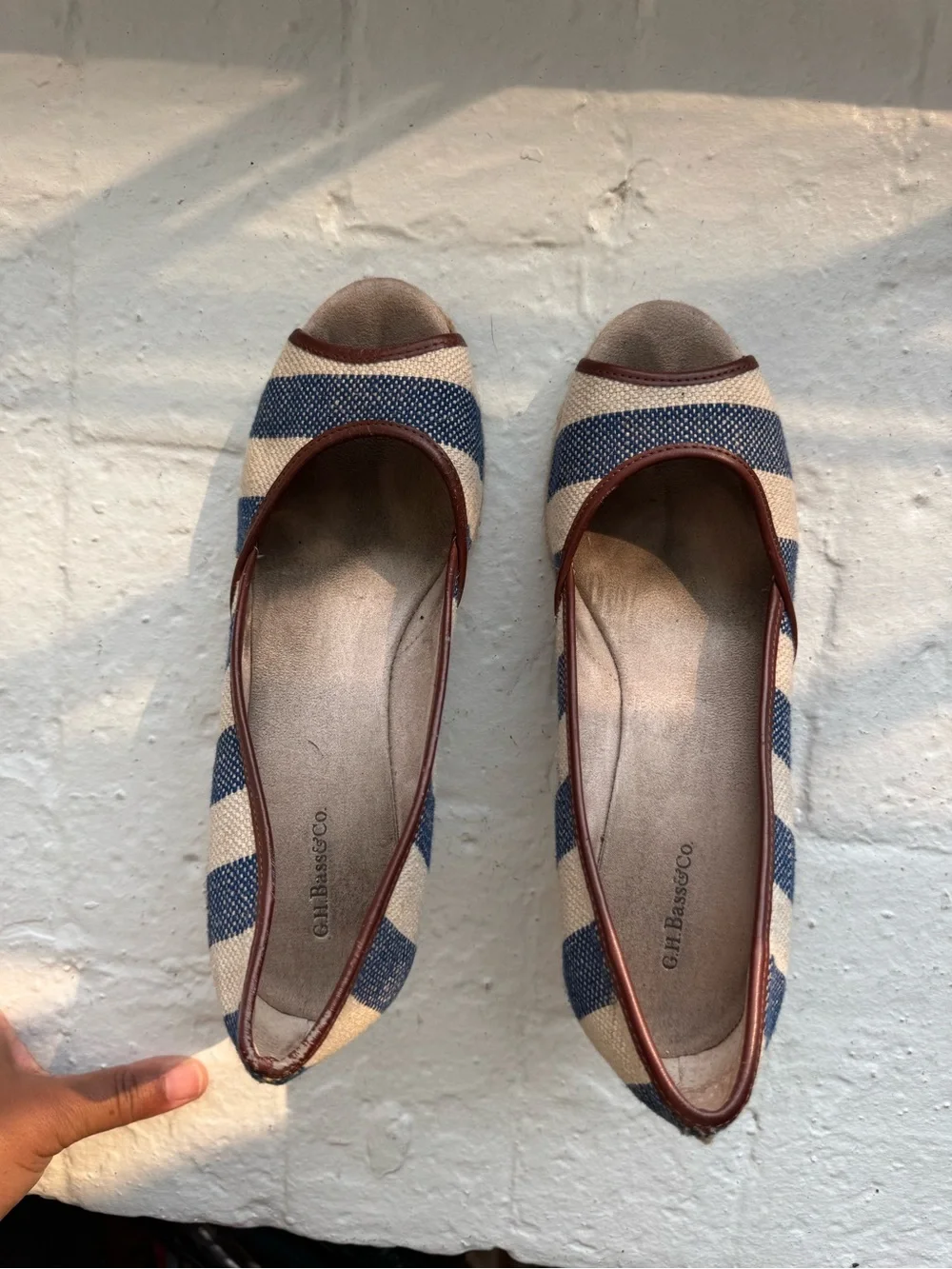 Striped Navy and Cream Espadrille Wedge Peep-Toe Heels